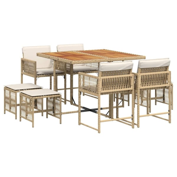 vidaXL spisebordssæt til haven 9 dele med hynder polyrattan beige