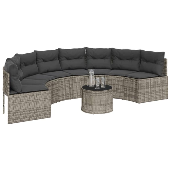 vidaXL havesofa med bord og hynder halvrund polyrattan grå