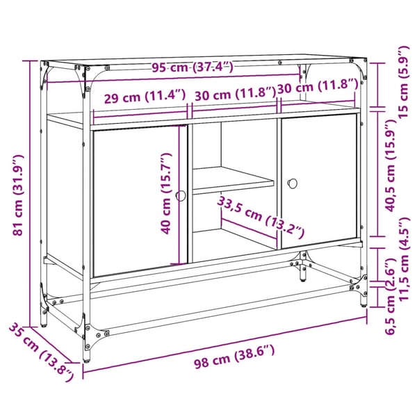 vidaXL skænk med glastop 98x35x81cm konstrueret træ røget egetræsfarve
