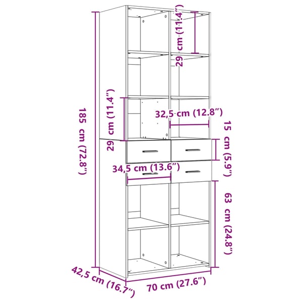 vidaXL Highboard røkt eik 70x42,5x185 cm konstruert tre