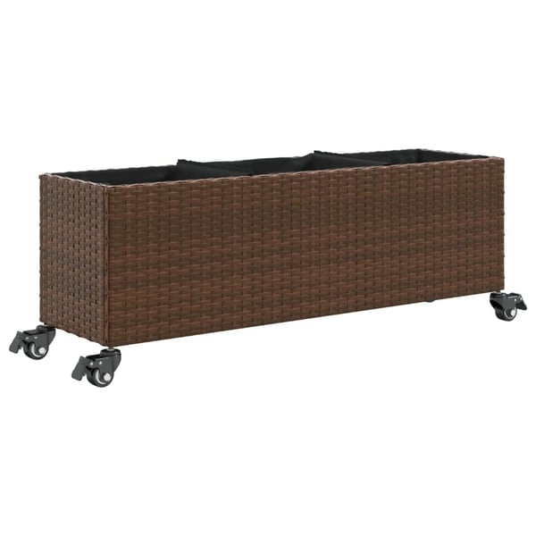 vidaXL plantekasse med hjul og 3 krukker 107x32x38 cm polyrattan brun