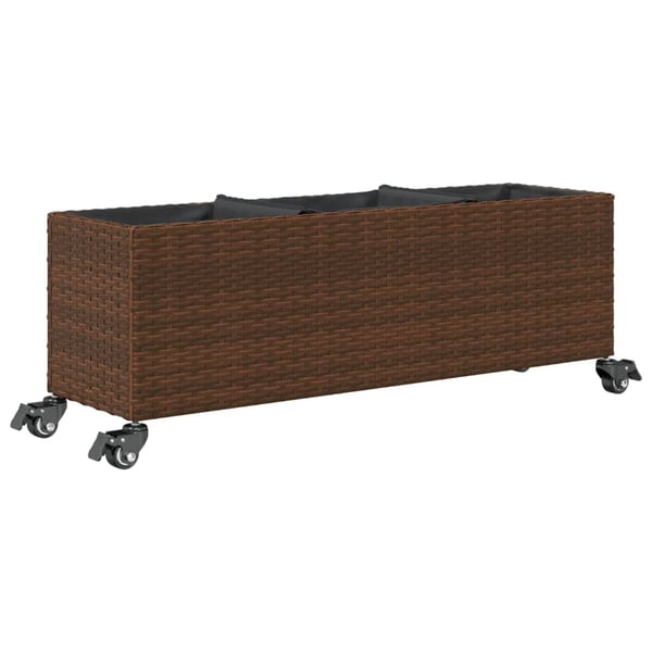 vidaXL plantekasse med hjul og 3 krukker 107x32x38 cm polyrattan brun