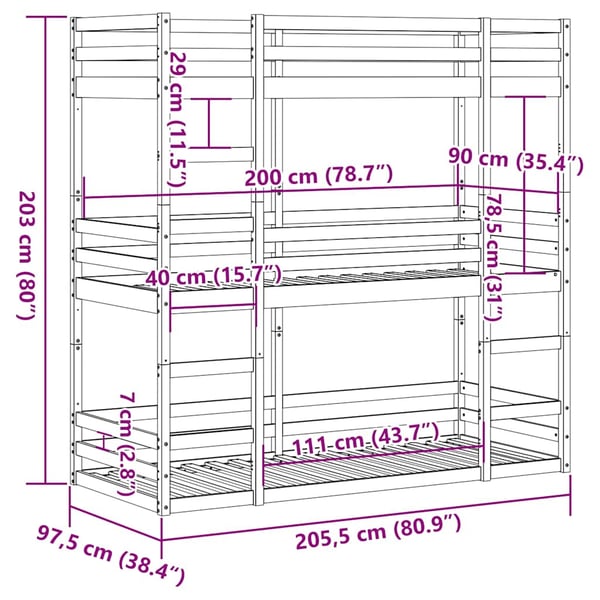 vidaXL Trippel køyeseng hvit 90x200 cm heltre furu