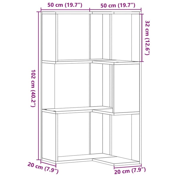 vidaXL Bokhylle hjørne 3 etasjer røkt eik 50x50x102 cm konstruert tre