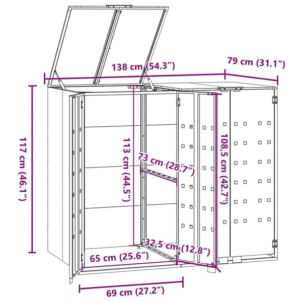 vidaXL Søppeldunkskur for 2 dunker svart 138x79x117 cm stål