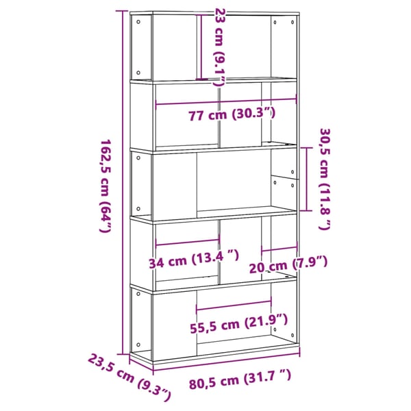 vidaXL Bokhylle 5 etasjer hvit 80,5x23,5x162,5 cm konstruert tre