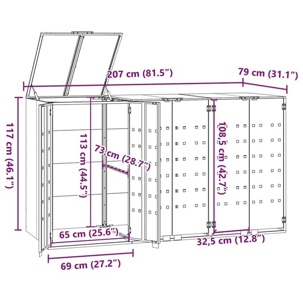 vidaXL Søppeldunkskur for 3 dunker svart 207x79x117 cm stål