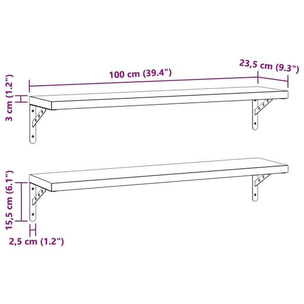 vidaXL Vegghyller 2 stk 100x23,5 cm sølv rustfritt stål