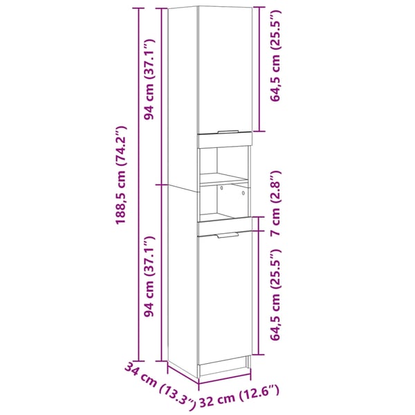 vidaXL Baderomsskap sonoma eik 32x34x188,5 cm konstruert tre