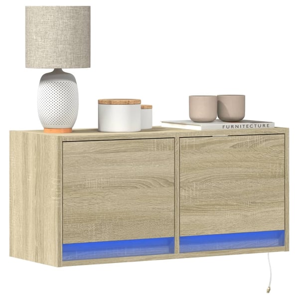 vidaXL væghængt tv-bord med LED-lys 80x31x35 cm sonoma-eg