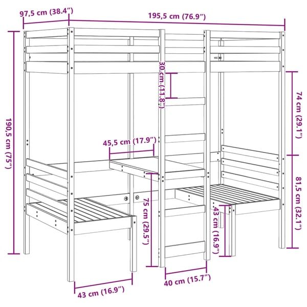 vidaXL Ramme loftseng skrivebord stoler voksbrun 90x190 cm heltre furu