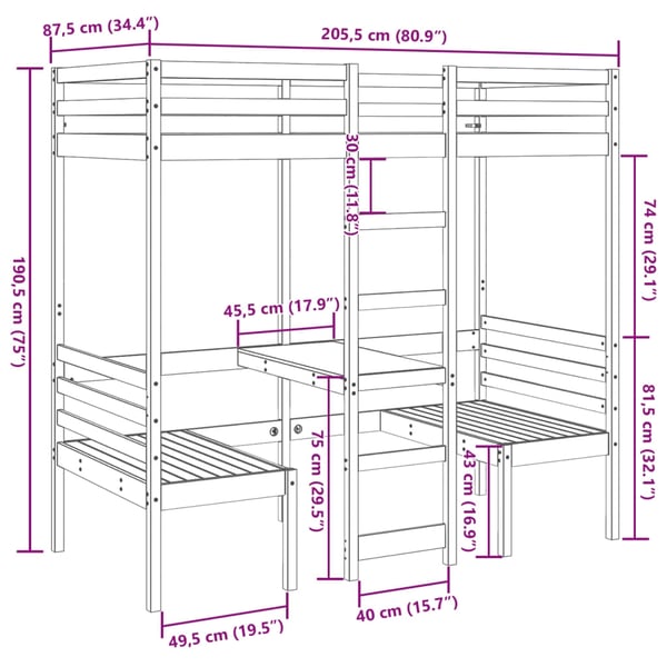 vidaXL Ramme loftseng skrivebord stoler voksbrun 80x200 cm heltre furu