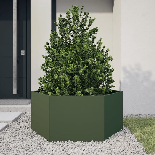 vidaXL Plantekasse olivengrønn sekskantet 104x90x45 cm stål