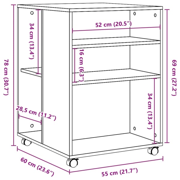 vidaXL Sidebord med hjul grå sonoma 55x60x78 cm konstruert tre