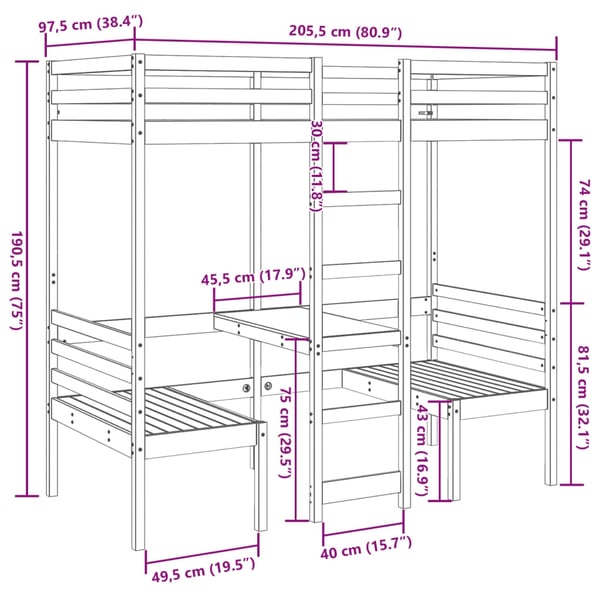 vidaXL Ramme for loftseng skrivebord stoler hvit 90x200 cm heltre furu