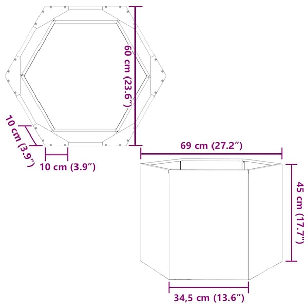 vidaXL Plantekasse svart sekskantet 69x60x45 cm galvanisert stål