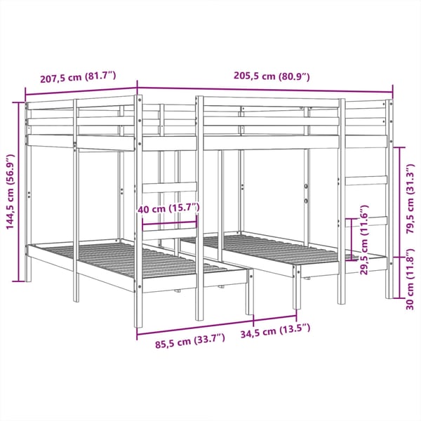 vidaXL tredobbelt køjeseng 200x200/80x200 cm massivt fyrretræ hvid