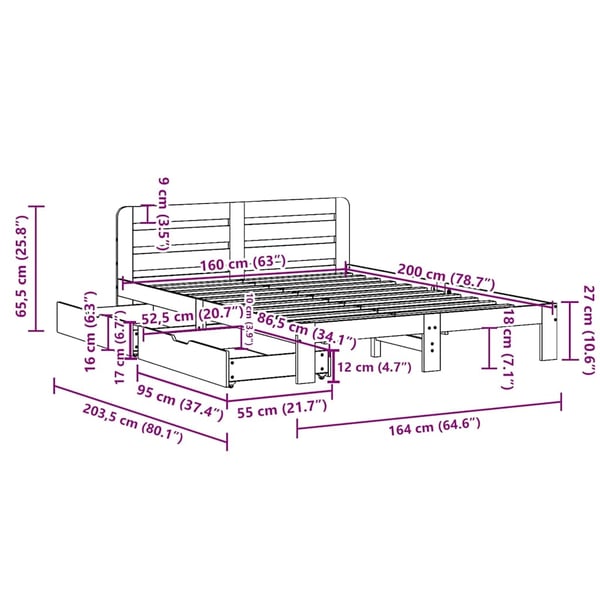 vidaXL Sengeramme uten madrass voksbrun 160x200 cm heltre furu