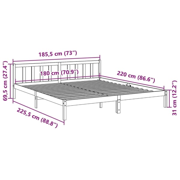 vidaXL Ekstra lang sengeramme uten madrass hvit 180x220 cm heltre furu