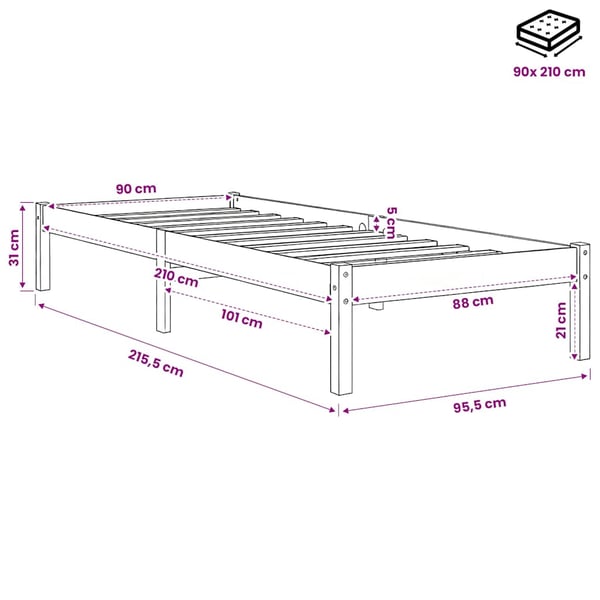vidaXL ekstra lang sengeramme uden madras 90x210 cm massivt fyrretræ
