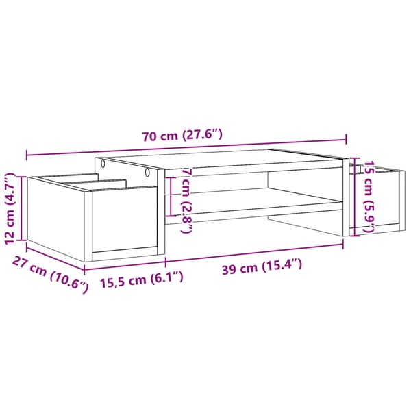 vidaXL Skjermhylle med oppbevaring hvit 70x27x15 cm konstruert tre
