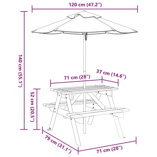 vidaXL Piknikbord for 4 barn med parasoll heltre gran