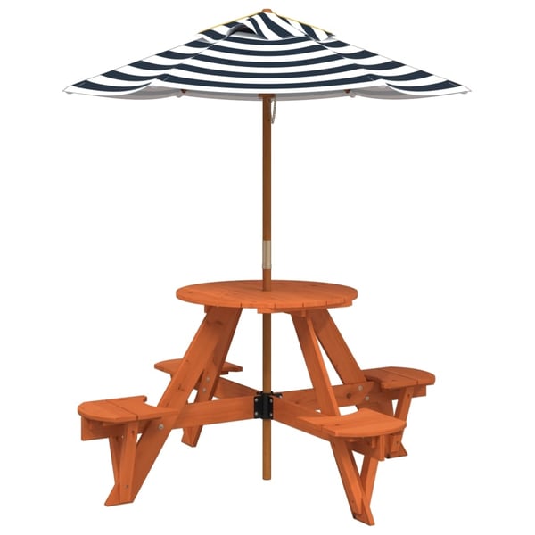 vidaXL Piknikbord for 4 barn med parasoll rund heltre gran