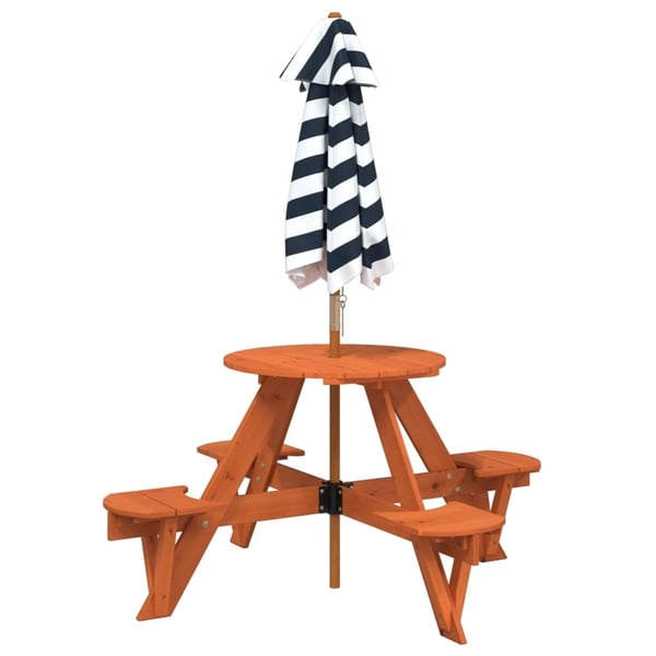 vidaXL Piknikbord for 4 barn med parasoll rund heltre gran
