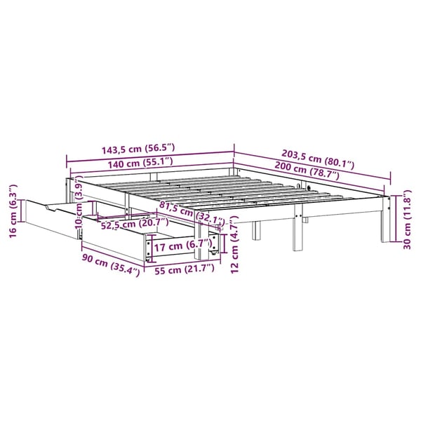 vidaXL Sengeramme med skuffer voksbrun 140x200 cm heltre furu
