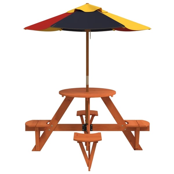 vidaXL Piknikbord for 4 barn med parasoll rund heltre gran