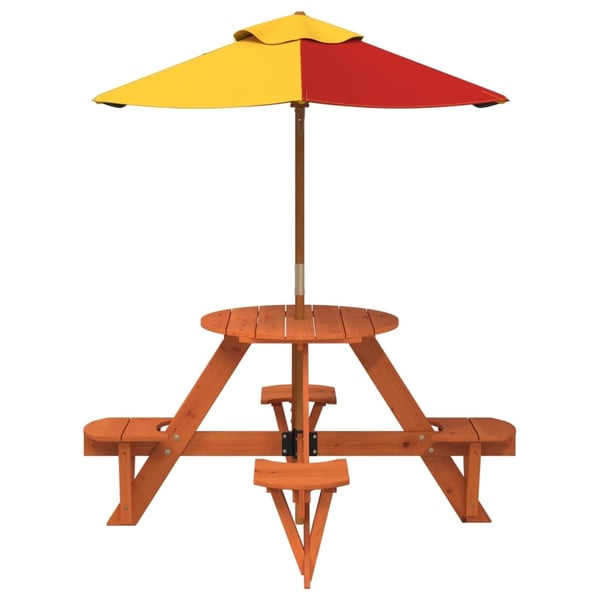 vidaXL Piknikbord for 4 barn med parasoll rund heltre gran