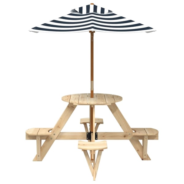 vidaXL Piknikbord for 4 barn med parasoll rund heltre gran