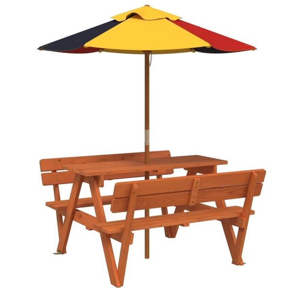 vidaXL Picknickbord med parasoll för 4 barn massivt granträ