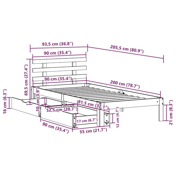 vidaXL Sengeramme med skuffer 90x200 cm heltre furu