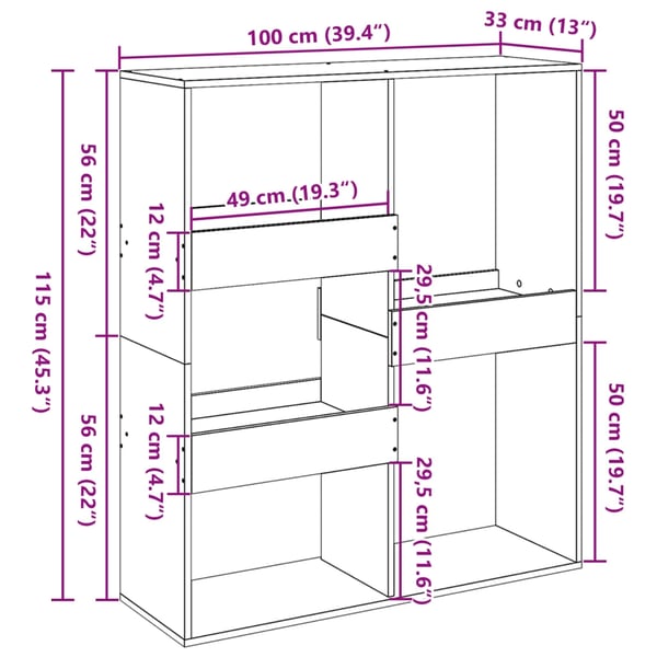 vidaXL Romdeler grå sonoma 100x33x115 cm konstruert tre