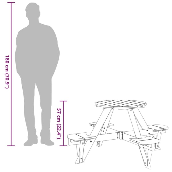 vidaXL Piknikbord for 4 barn med parasollhull rund heltre gran
