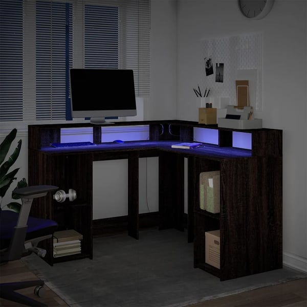 vidaXL Skrivebord med LED-lys brun eik 130x130x91 cm konstruert tre