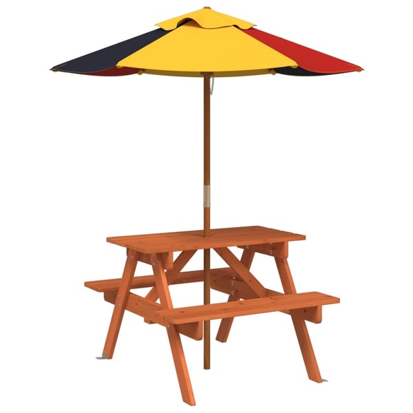 vidaXL Picknickbord med parasoll för 4 barn massivt granträ