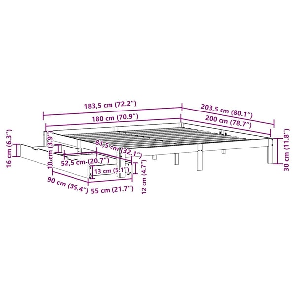 vidaXL Sengeramme med skuffer 180x200 cm heltre furu