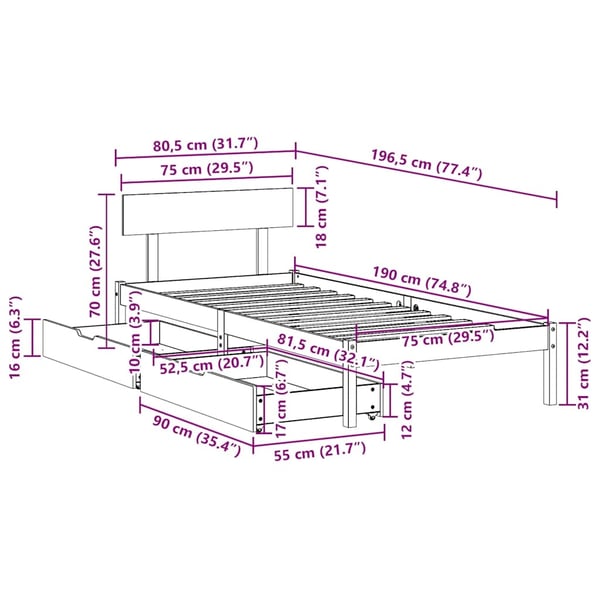 vidaXL Sengeramme uten madrass hvit 75x190 cm heltre furu