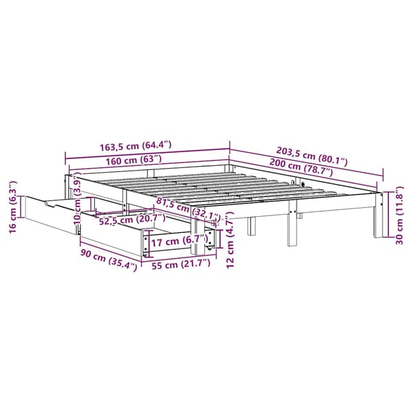 vidaXL Sengeramme med skuffer hvit 160x200 cm heltre furu