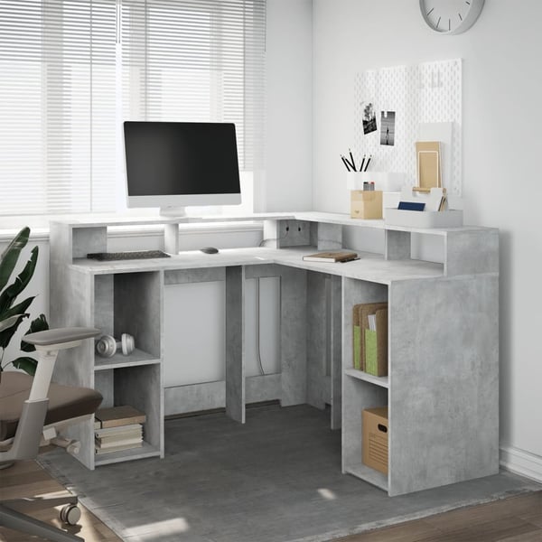 vidaXL skrivebord med LED-lys 130x130x91 cm konstrueret træ betongrå