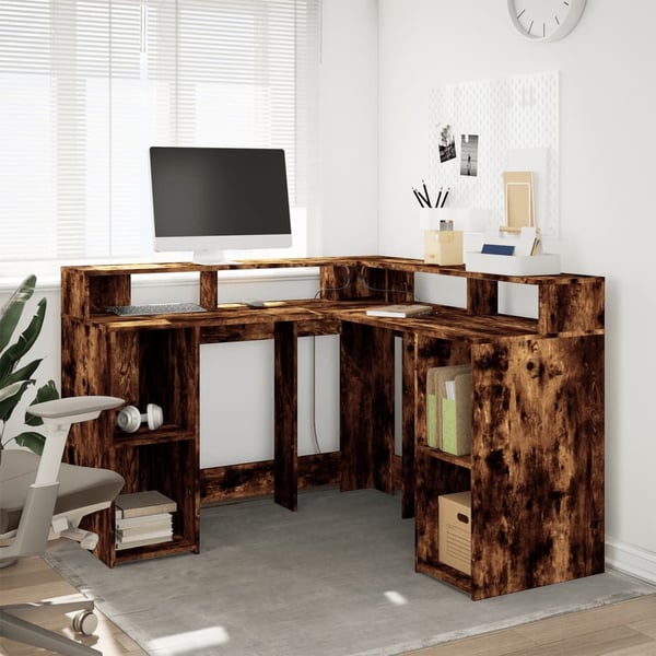 vidaXL Skrivebord med LED-lys røkt eik 130x130x91 cm konstruert tre