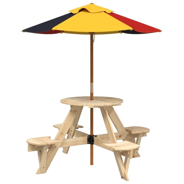 vidaXL Piknikbord for 4 barn med parasoll rund heltre gran