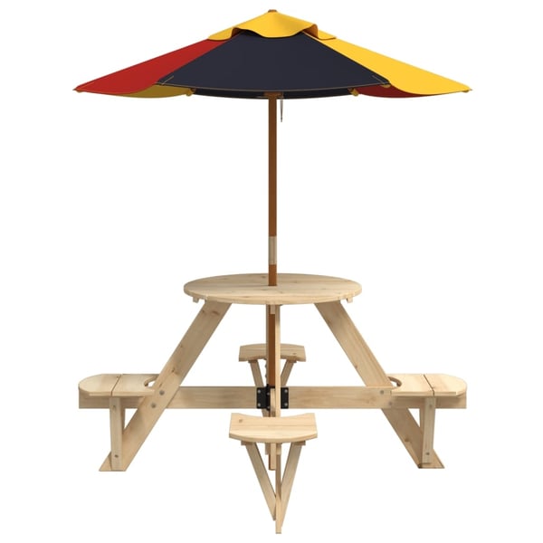 vidaXL Piknikbord for 4 barn med parasoll rund heltre gran