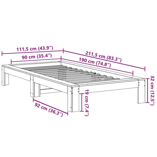vidaXL Sengeramme uten madrass voksbrun 90x190 cm heltre furu
