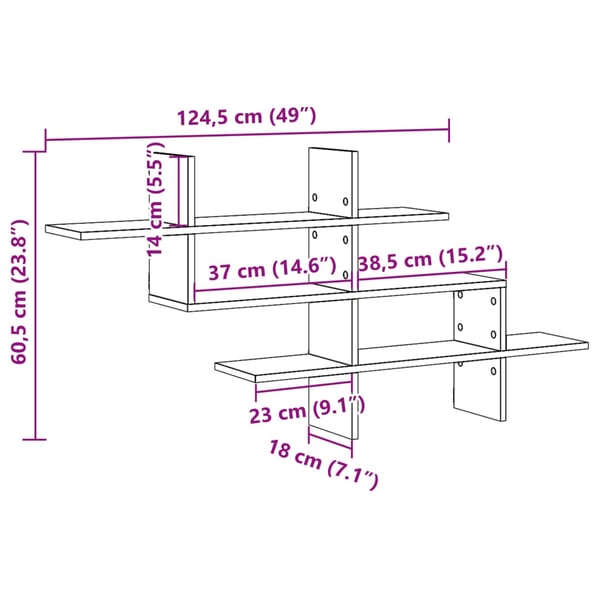 vidaXL Vegghylle hvit 124,5x18x60,5 cm konstruert tre
