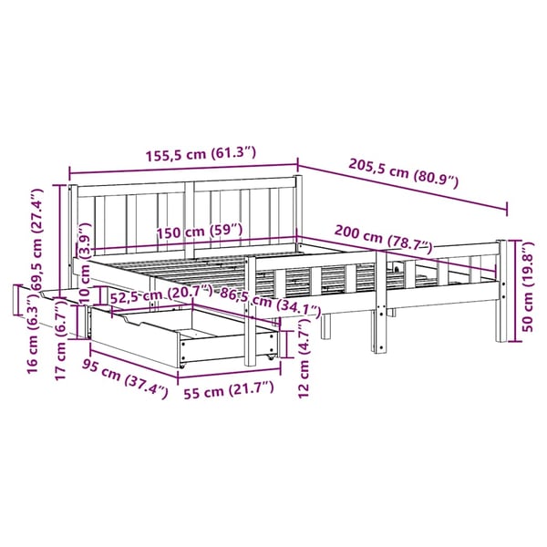 vidaXL Sengeramme uten madrass brun 150x200 cm heltre furu