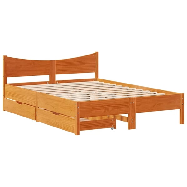 vidaXL sengeramme med skuffer 135x190 cm massivt fyrretræ brun