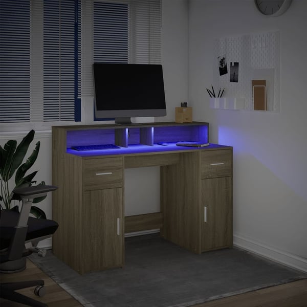 vidaXL skrivebord med LED-lys 120x55x91 cm konstrueret træ sonoma-eg